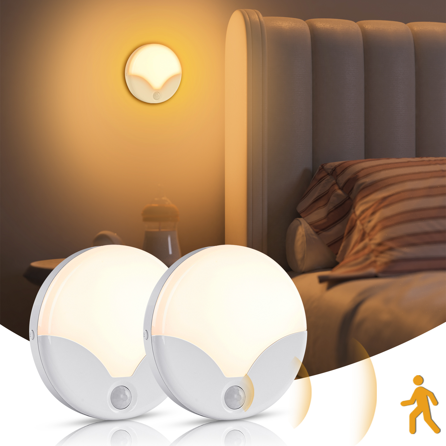 LOFTER-PRO Night Light, LED Motion Sensor Closet Lights, Wireless LED Under Cabinet Lights Stick-on Safe Night Light, Adjustable Brightness Warm White Lights for Bedroom, Kitchen, 2 Pack